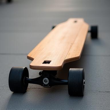 Skateboard électrique de type longboard avec une finition en bois.